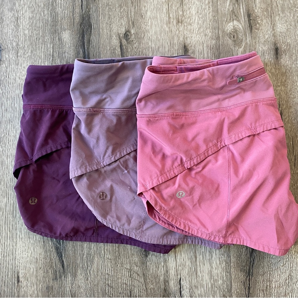 3x Lululemon Speed Up Shorts Size 6 Inseam 2.5 (Moss Rose, Dark Adobe, Mulberry)